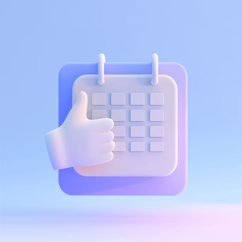 a 3d soft blue and purple calendar and hand showing thumbs up