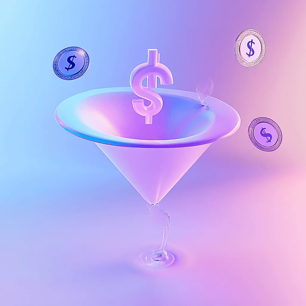 A soft 3d blue and purple funnel and usd going inside the funnel