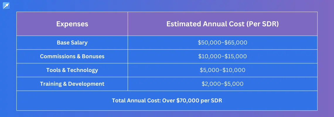 A table showing breakdown of SDR cost for a year