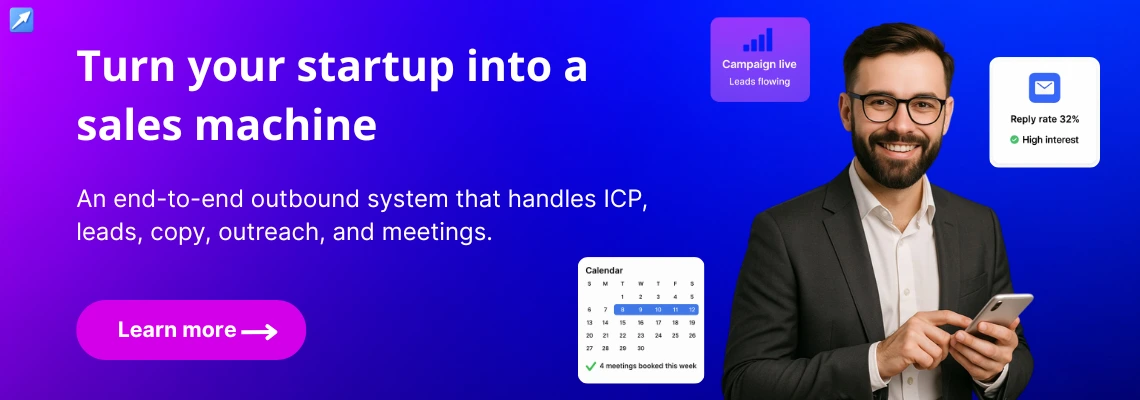 Banner for startup outbound sales system by Rev-Empire, featuring ICP, lead generation, and meeting booking flow.