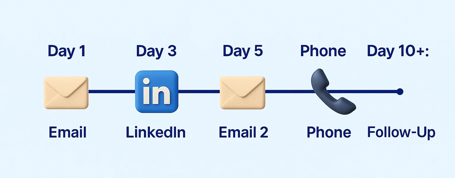 Channel cadence timeline showing Day 1 Email, Day 3 LinkedIn, Day 5 Email 2, Day 7 Phone, and Day 10+ Follow-Up in a vertical format