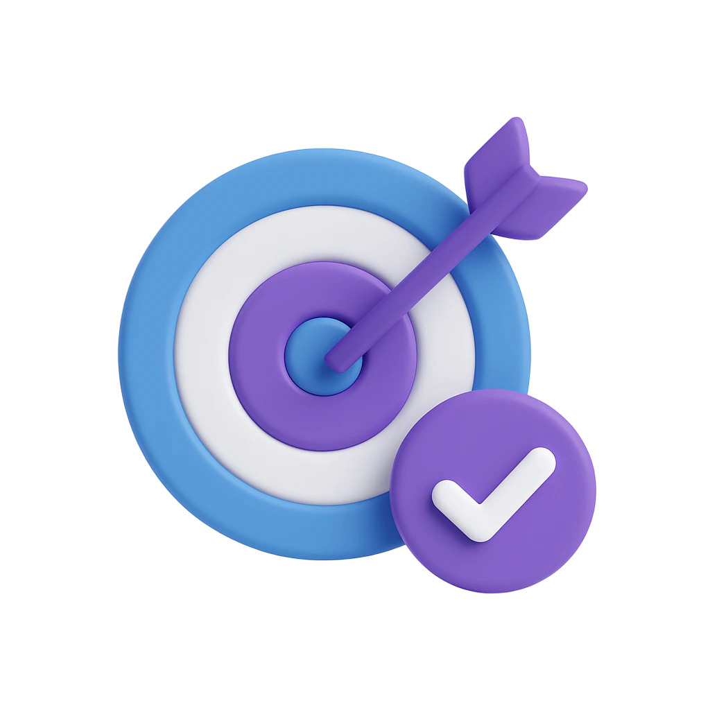 3D-rendered digital illustration of a purple and blue target icon with a center dot, symbolizing precision targeting. Designed in Rev-Empire’s brand colors on a clean white background.