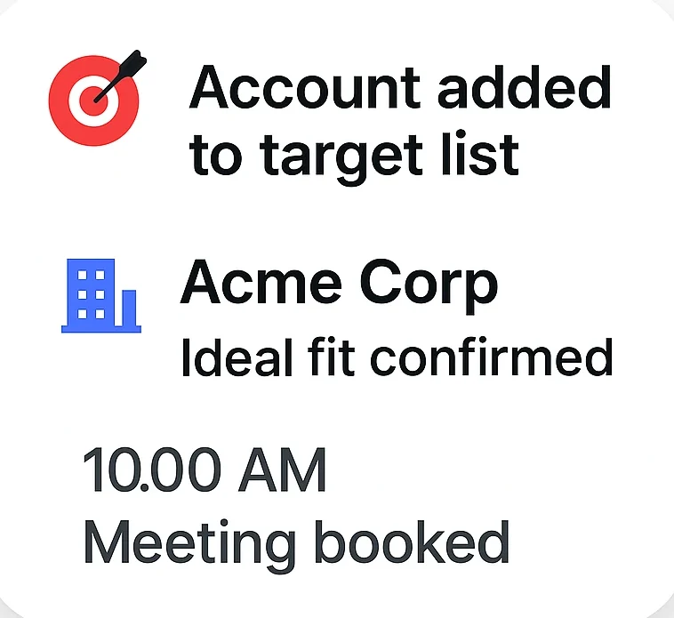 A slack-style bubble or badge with text: 🎯 Account added to target list 🏢 Acme Corp – Ideal fit confirmed