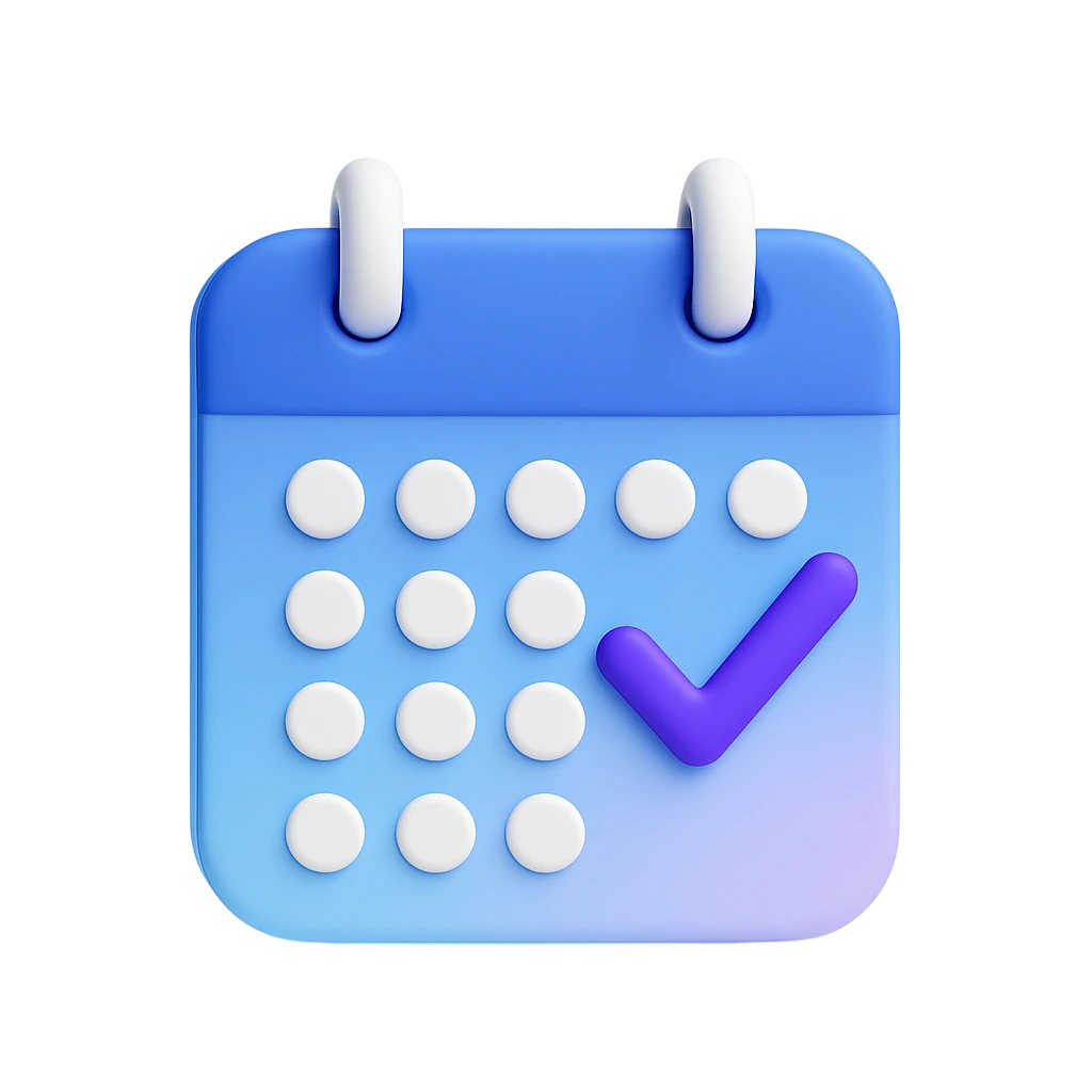 A clean 3D calendar icon (month or grid style) with 1–2 dates marked with a purple checkmark indicating appointments or meeting generation