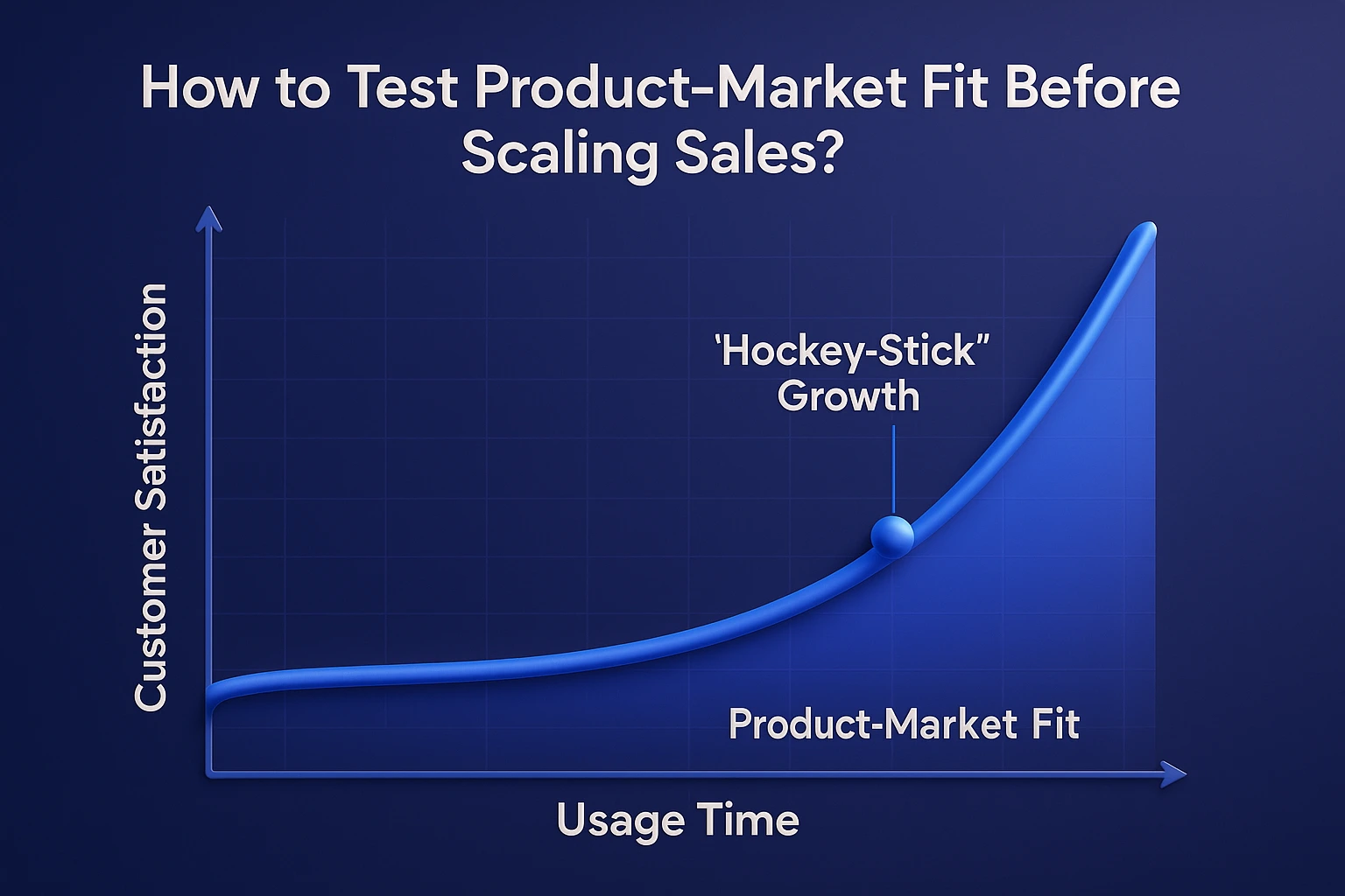 A graph of customer satisfaction vs usage time, highlighting the “hockey stick” growth when product-market fit is achieved.