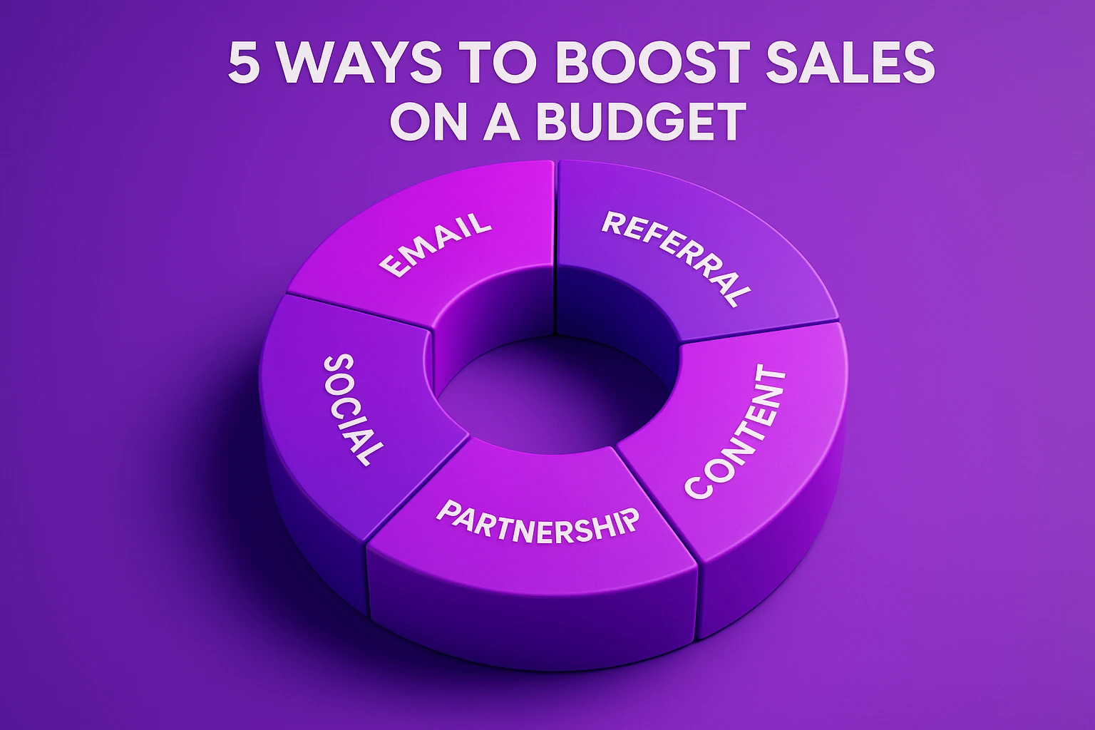 A wheel showcasing 5 ways to boost sales on a budget for startups including content, email, referral, partnership, social