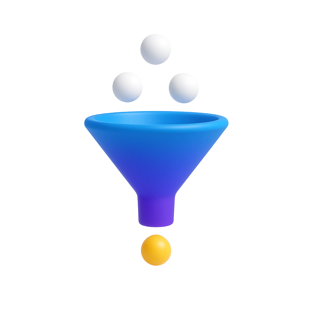 Clean 3D icon of a funnel at the center of a white canvas indicating lead generation. A few minimal dots or orbs dropping in and one golden orb coming out the bottom showing new leads