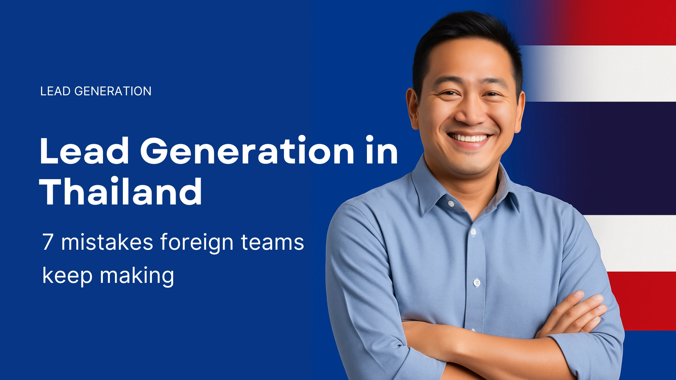 A smiling Thai professional stands confidently with arms folded, next to a white silhouette map of Thailand. A 3D marketing funnel in blue and purple floats over the map, symbolizing lead generation. The background is a clean blue gradient.