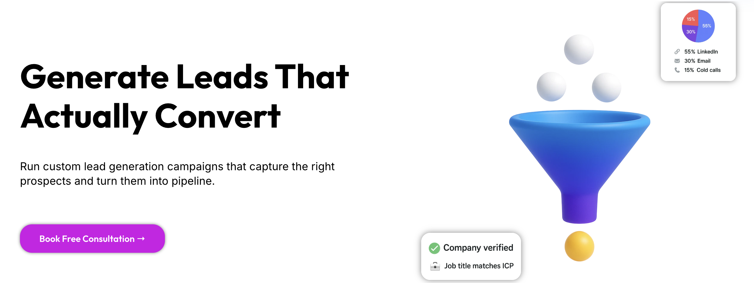 Generate leads that actually convert. banner for lead generation with visual of a funnel indicating leads inflow