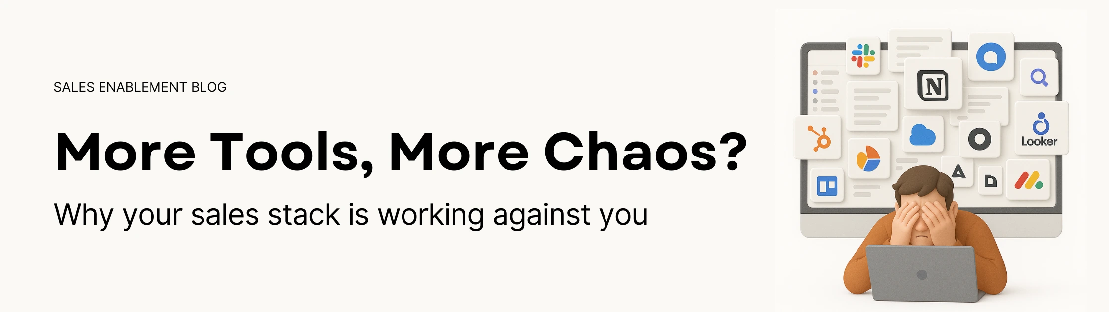 Blog banner by Rev-Empire showing a person sitting at a laptop with their head in their hands while many sales and marketing tool icons crowd the screen behind them, showing the overwhelm of a complex sales tech stack.