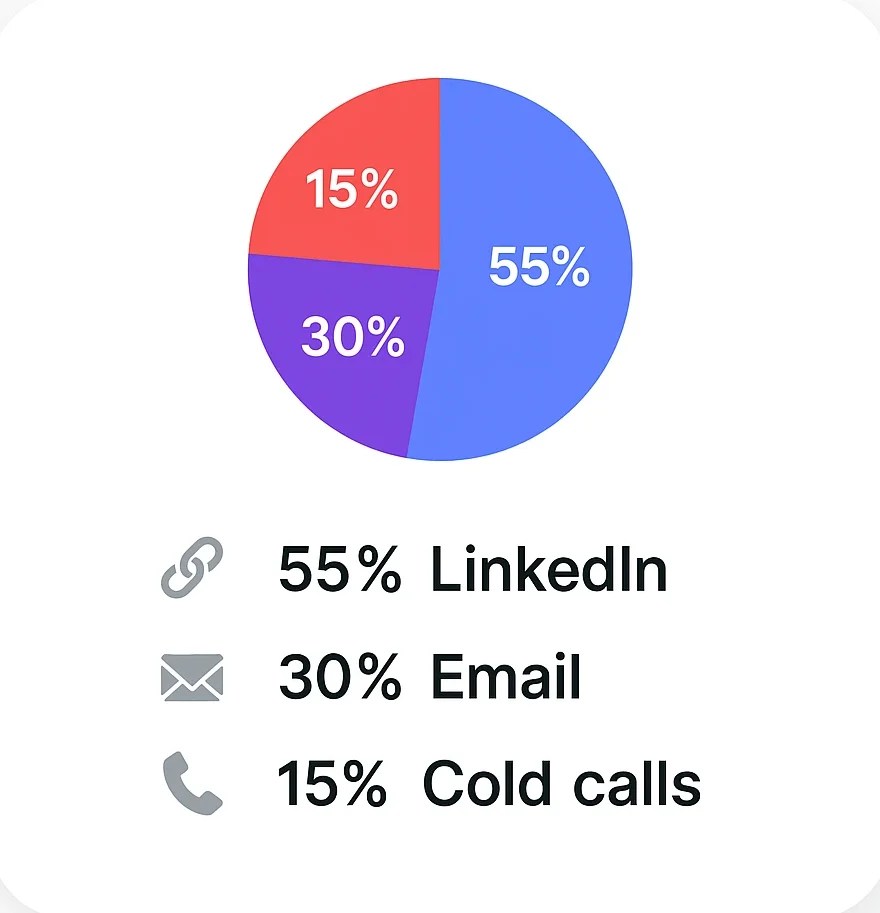 Lead Source Breakdown Visual Showing Pie chart with 3 color-coded segments 🔗 55% LinkedIn 📧 30% Email 📞 15% Cold calls