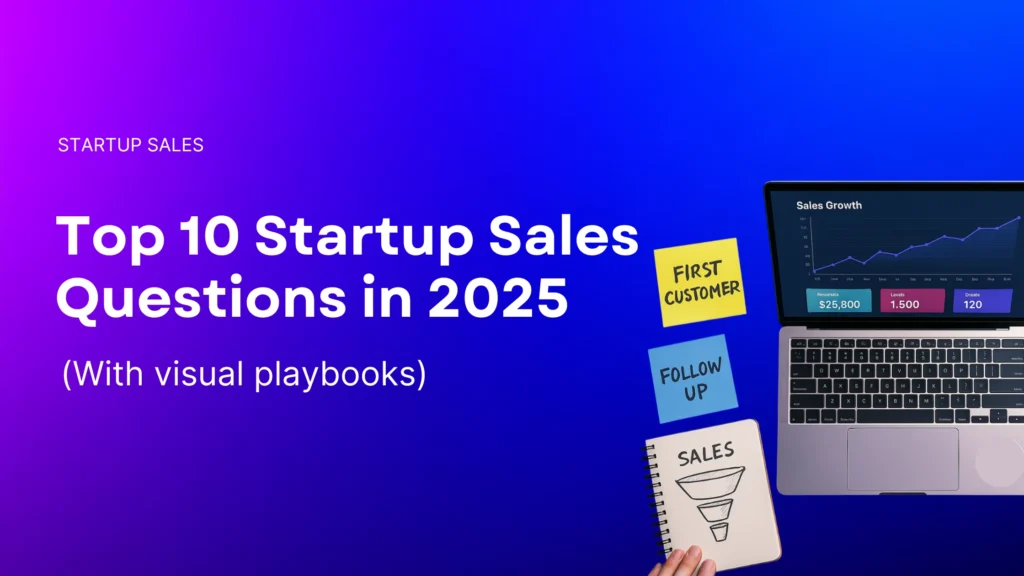 Startup sales desk with sticky notes, a funnel sketch, and a laptop showing a revenue dashboard.