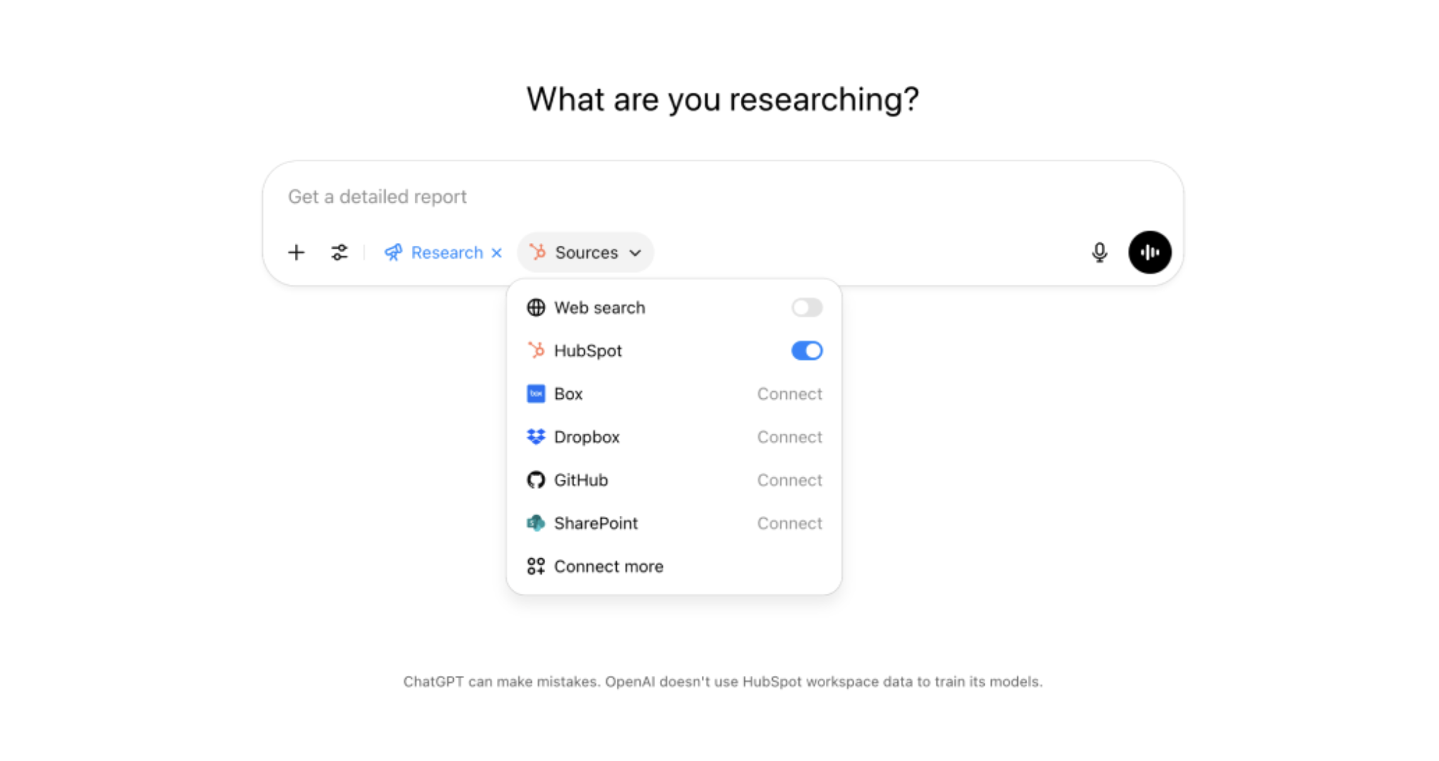 Actual HubSpot ChatGPT connection to acces DeepResearch