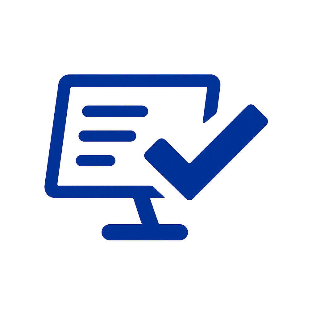 Blue icon of a computer screen with a checklist and check mark, representing Rev-Empire company deck.