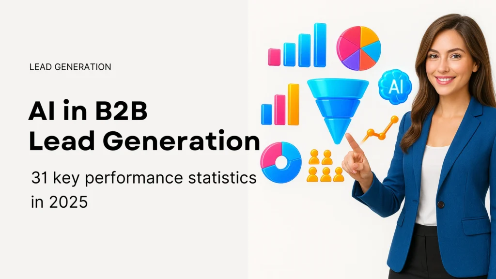 Banner for blog titled AI in B2B Lead Generation with 31 key performance statistics in 2025, featuring a professional woman in a blue blazer interacting with colorful 3D holographic charts and icons on a white background.