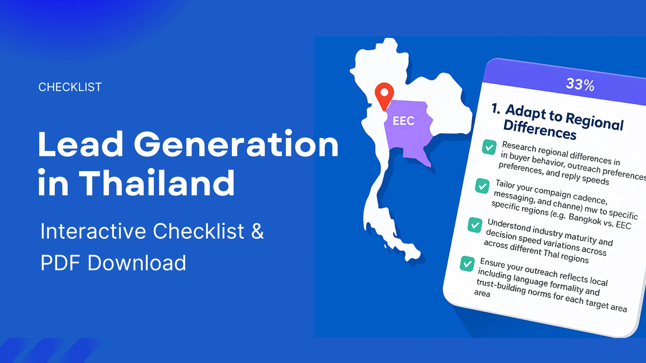 A blue rectangular banner promoting a free resource titled “Lead Generation in Thailand: Interactive Checklist & PDF Download.” On the right, a simplified map of Thailand highlights the EEC region with a location pin, and a tilted checklist graphic shows a progress bar at 33% and four checklist points about adapting campaigns to regional differences, understanding decision speeds, and customizing outreach strategies. The design has bold white and purple text on a blue background.