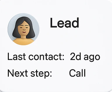 A lead card in CRM showing last contacted 2 days ago and next step calling.