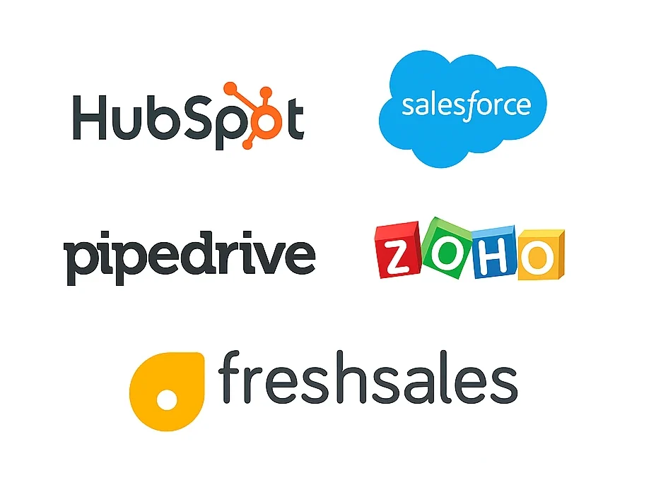 Logos of popular CRM platforms including HubSpot, Salesforce, Zoho, Pipedrive, and Freshsales displayed in two rows.