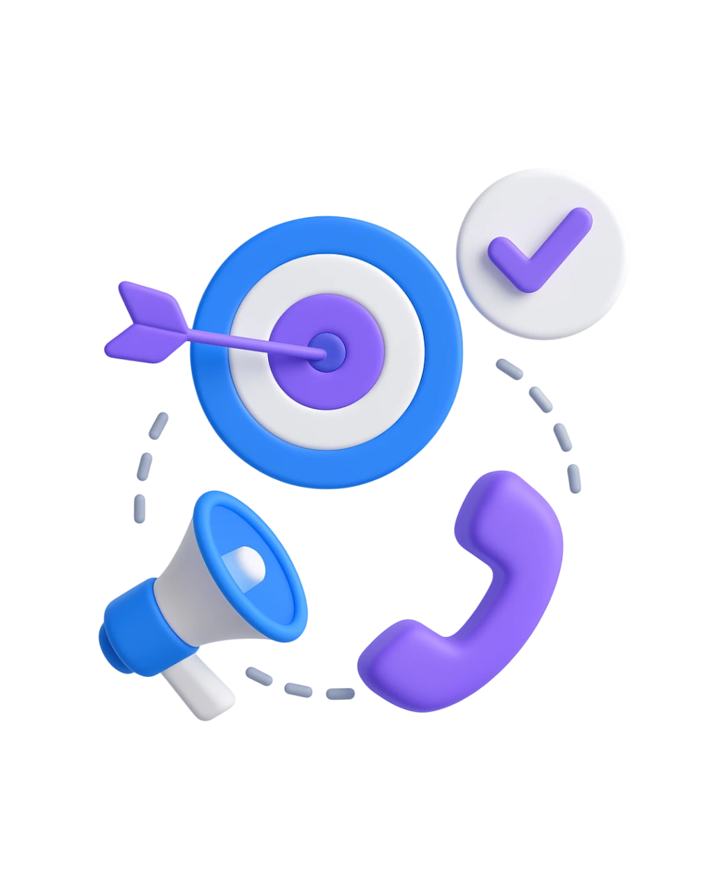 A minimal 3D-style digital illustration featuring a blue and purple target with an arrow, a checkmark icon, a megaphone, and a phone receiver, all arranged on a white background to represent cold calling and outreach.