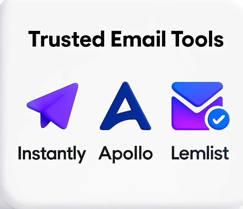 3D badge displaying the logos of Instantly, Apollo, and Lemlist under the heading 'Trusted Email Tools' on a white background.