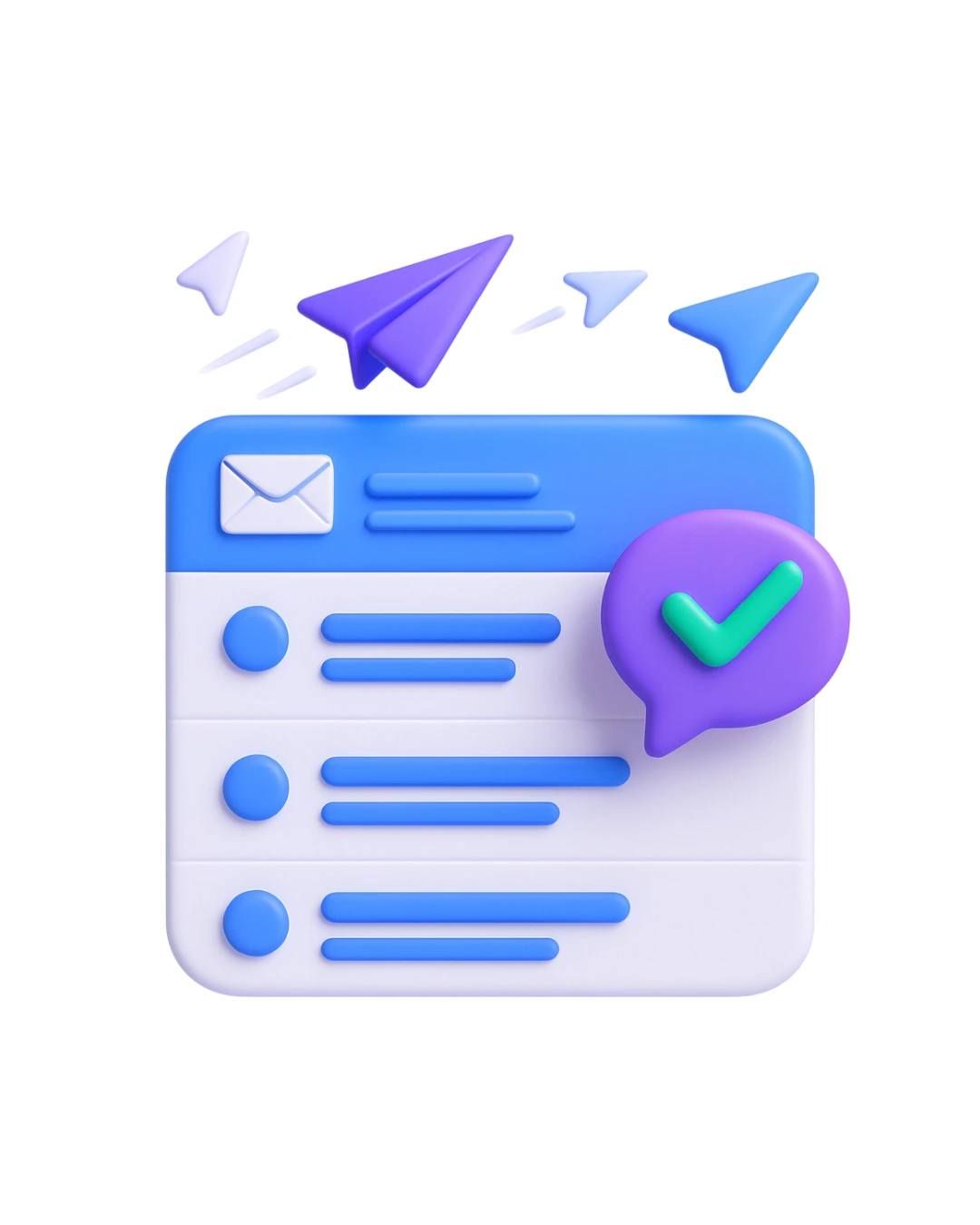 3D illustration of an email inbox with paper planes and a reply checkmark, representing successful cold email outreach and replies in Rev-Empire’s blue and purple gradient on a white background.