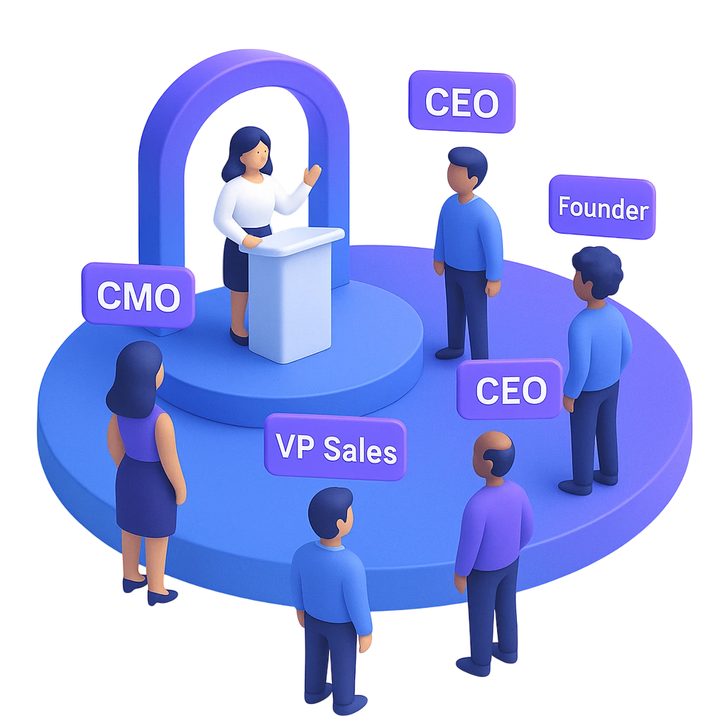 3D illustration of a speaker addressing a group of professionals at an event. Attendees have visible role tags such as “CEO,” “CMO,” “VP Sales,” and “Founder,” indicating a high-level executive audience joining through an event outreach campaign.