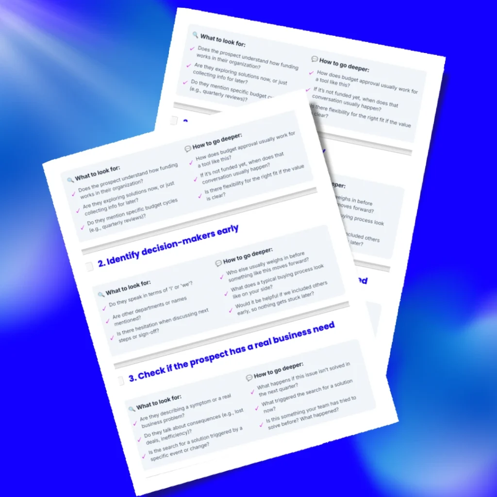 Preview of the free 11-Point Lead Qualification Checklist PDF showing sales qualification steps including budget, decision-makers, and business need on a blue gradient background.