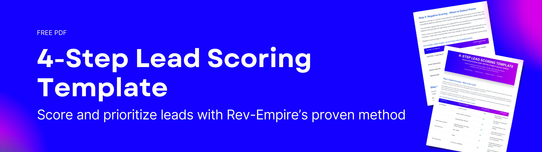 Free PDF download banner for Rev-Empire's 4-Step Lead Scoring Template, featuring sample pages and tagline 'Score and prioritize leads with Rev-Empire’s proven method' on a blue and purple gradient background.