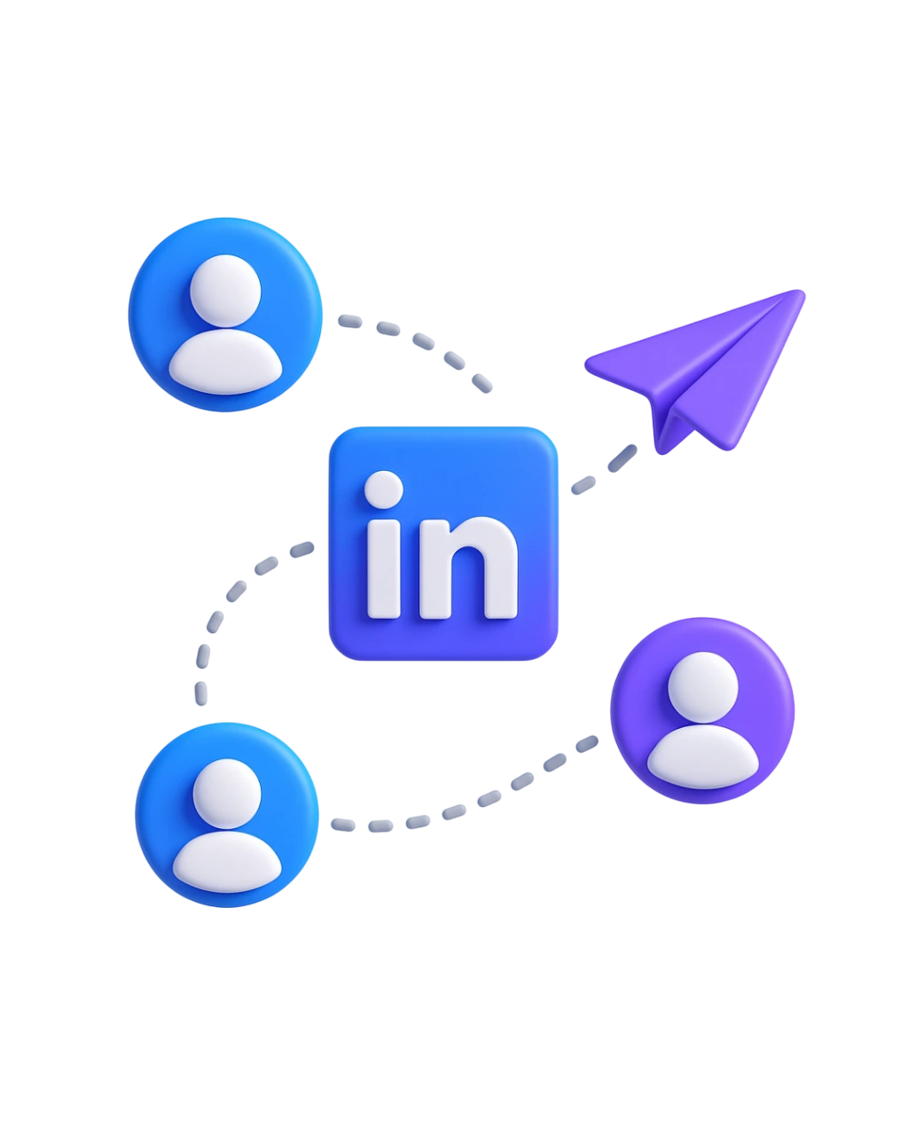 A 3D graphic of the LinkedIn logo at the center, connected to three user profile icons by dotted lines, with a purple paper plane symbolizing LinkedIn outreach.
