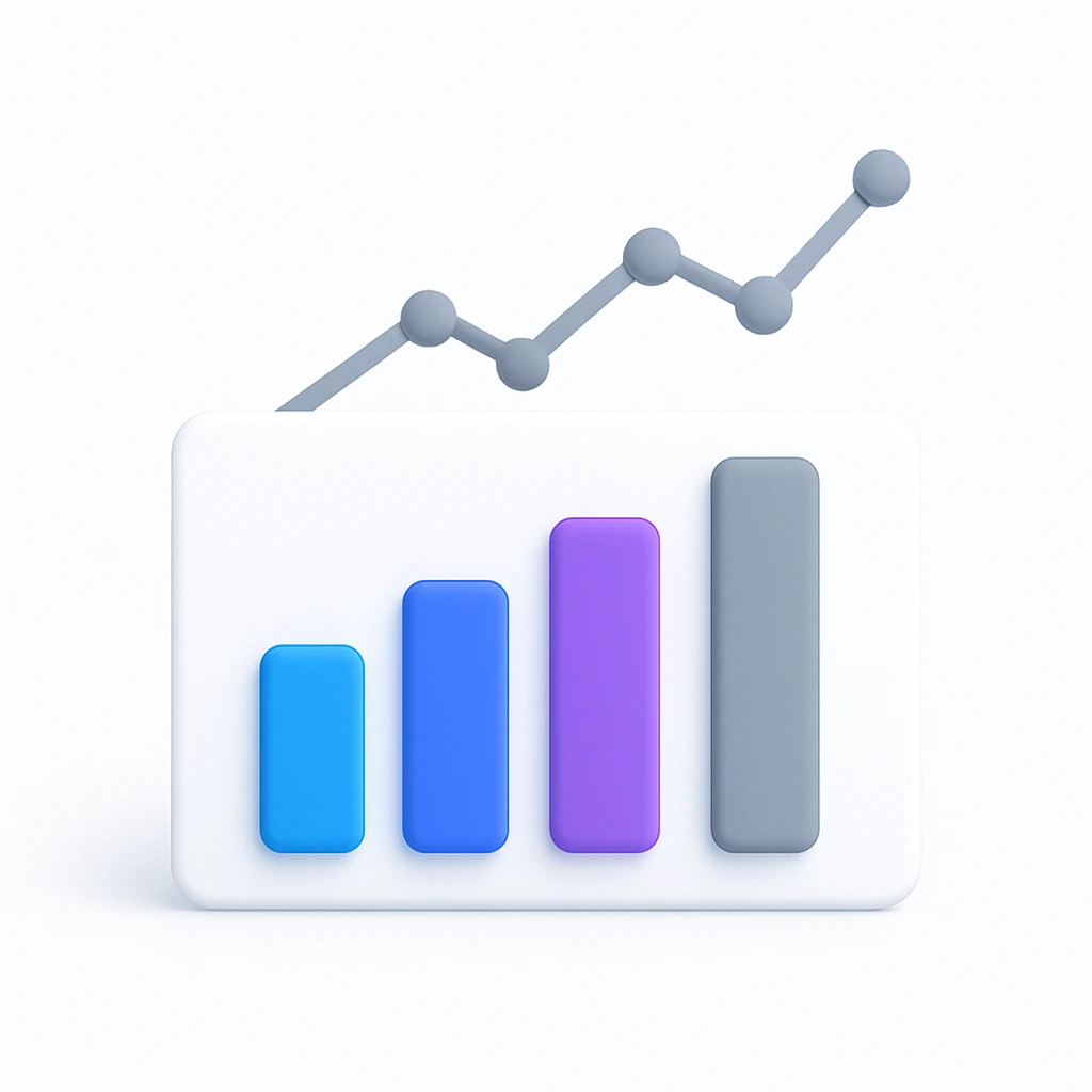 A 3D-style analytics dashboard with blue, purple, and gray vertical bars and a line graph in the background, representing campaign performance metrics.