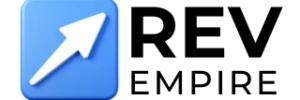 Logo for Rev-Empire showing an upward arrow for the growth in revenue through outbound sales.
