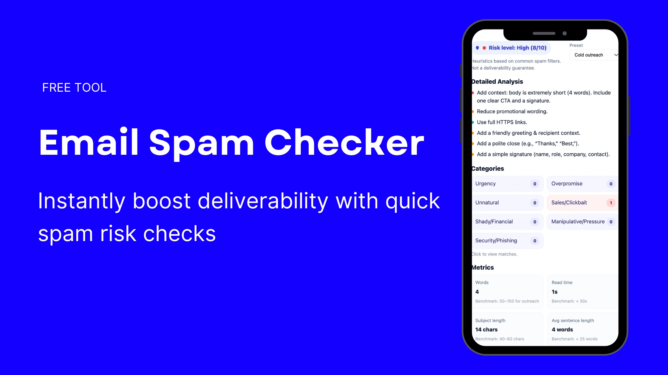 Free Email Spam Checker tool banner with mobile preview, helping users boost deliverability and avoid spam filters.