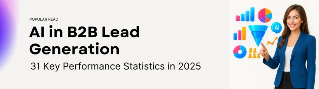 AI in B2B Lead Generation banner featuring a professional businesswoman in a blue blazer pointing towards colourful analytics icons including charts, graphs and an AI funnel, alongside the headline “AI in B2B Lead Generation – 31 Key Performance Statistics in 2025”, highlighting data-driven lead generation trends and marketing performance insights.