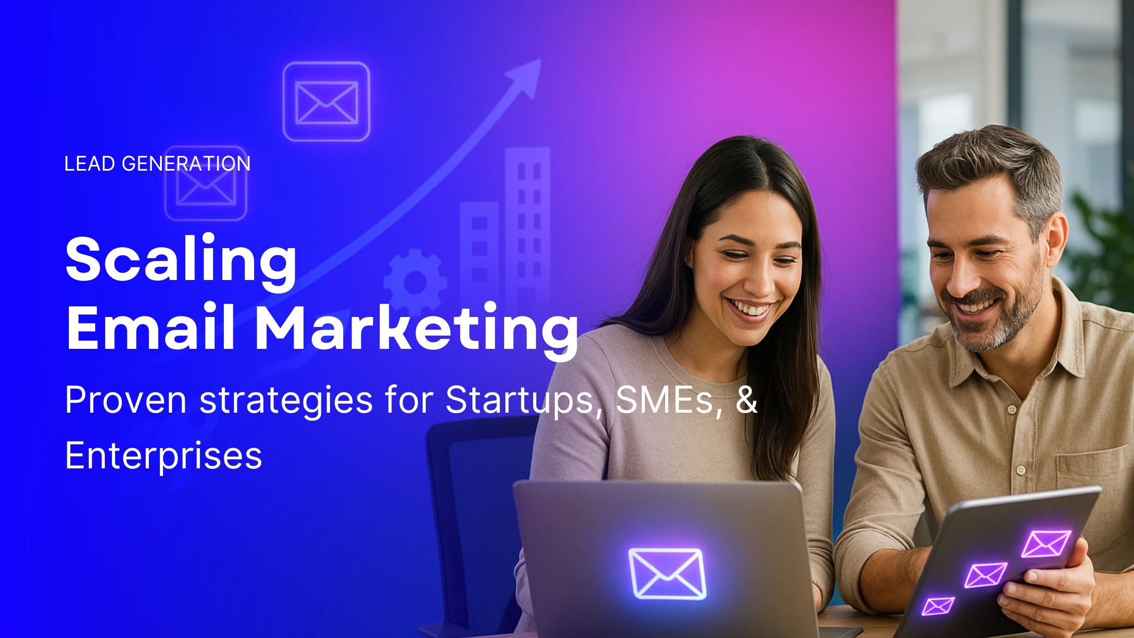 Two business professionals collaborating on email marketing strategy with laptops and tablets displaying glowing email icons, set against a blue to purple gradient background with space for copy. Represents scaling email marketing strategies for startups, SMEs, and enterprises.