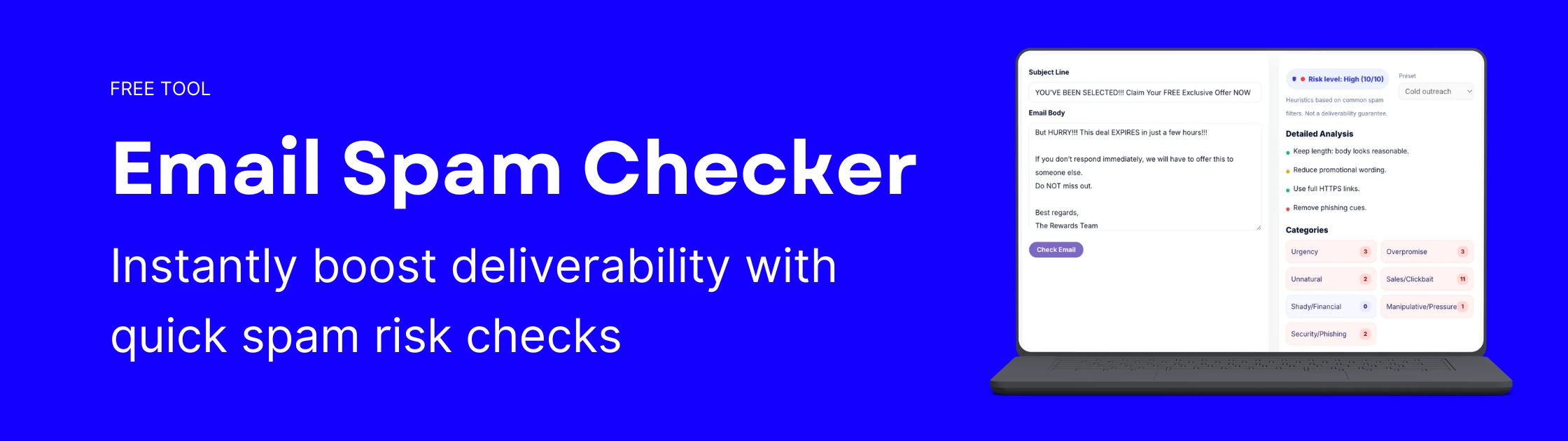 Email Spam Checker tool by Rev-Empire displaying a high spam risk rating for an example email, alongside an analysis panel with urgency, clickbait, and phishing categories.