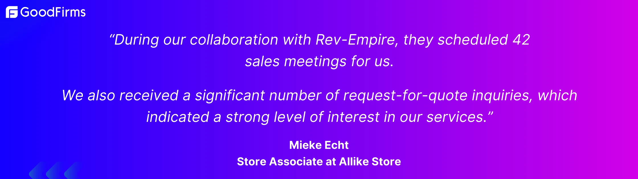 See how Rev-Empire generated 42 qualified sales meetings and inbound RFQs through a structured outbound sales process. Real client feedback on GoodFirms.