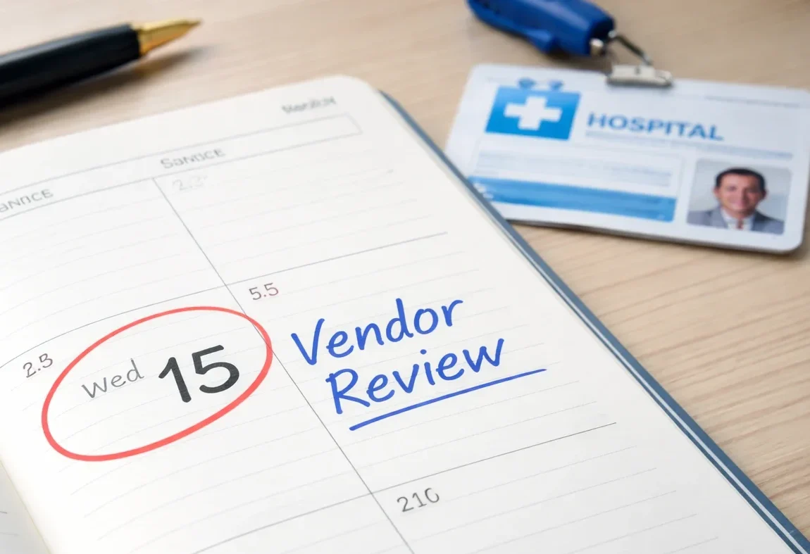 Hospital vendor review scheduled on a calendar for healthcare technology evaluation.
