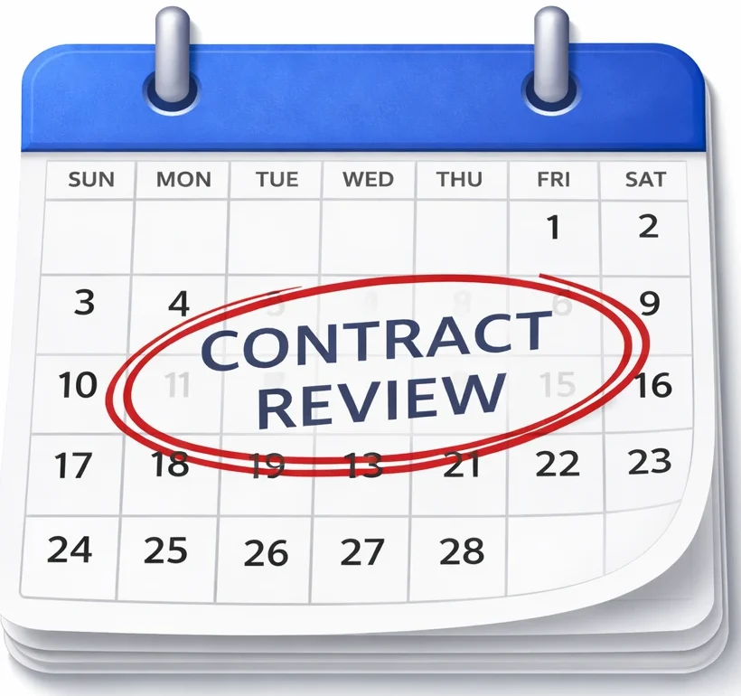 Calendar page with “Contract Review” circled in red, representing an HVAC maintenance contract renewal window.