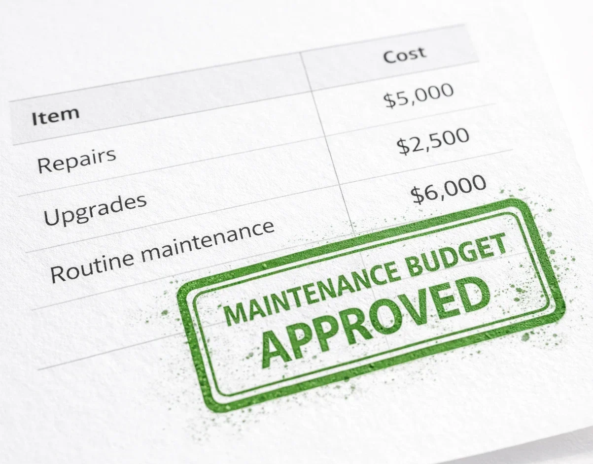 HVAC maintenance budget document with a green “Maintenance Budget Approved” stamp, showing approved commercial maintenance spending.
