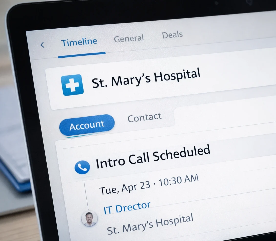 A CRM dashboard showing an introductory sales call scheduled with St. Mary’s Hospital IT Director for a healthcare lead generation campaign.