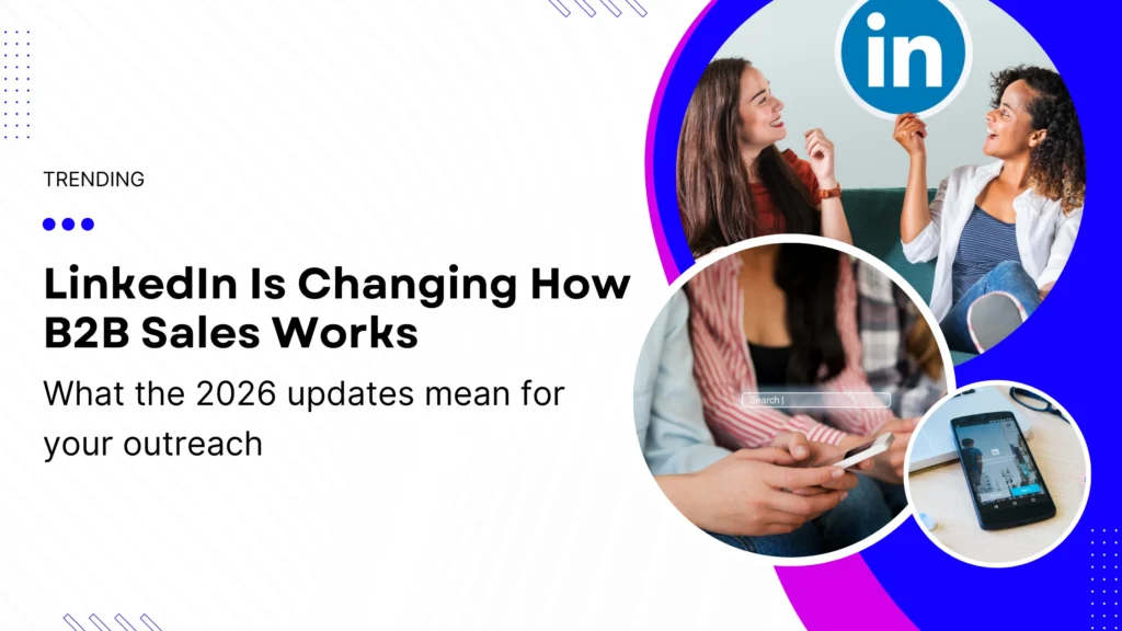 LinkedIn B2B sales blog banner featuring 2026 LinkedIn updates headline, professionals holding LinkedIn logo, and smartphone showing LinkedIn app, highlighting changes in outreach and sales strategy.
