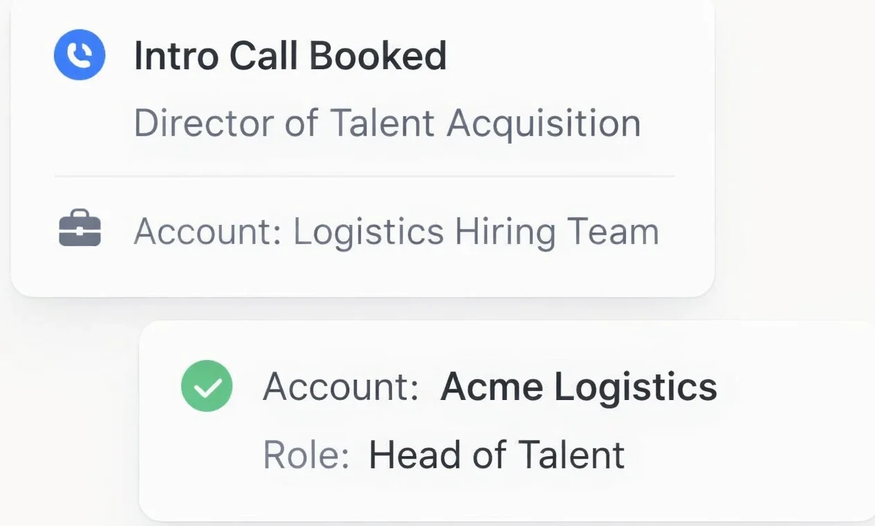 CRM update showing new intro call booked with Head of Talent for a Staffing Company.