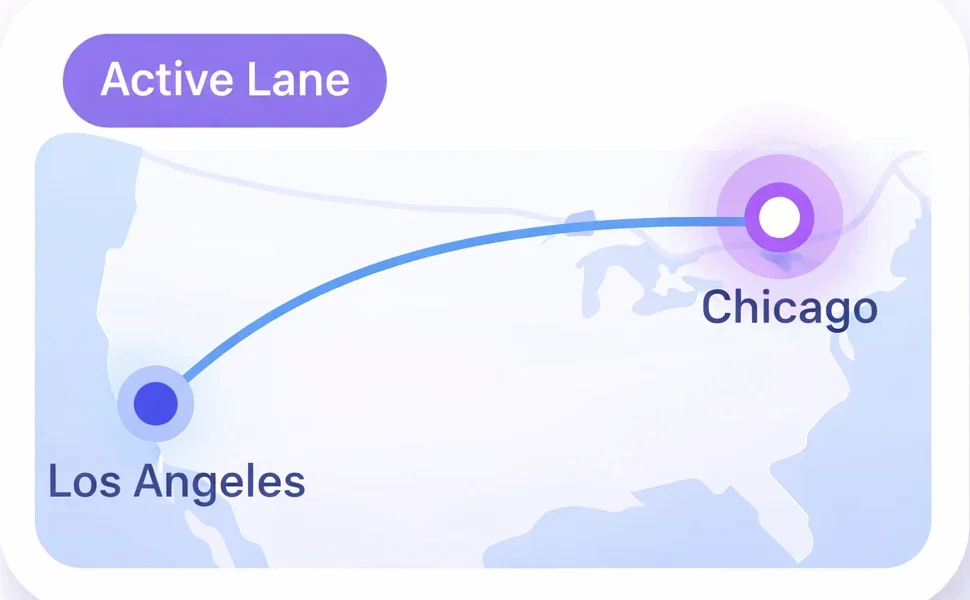 Active logistics lane map showing freight route from Los Angeles to Chicago.