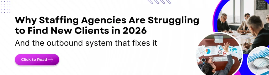 Blog article to explain staffing new client acquisition in 2026. Image shows staffing agency business development team in vendor evaluation meeting reviewing outbound client acquisition strategy and pipeline data in 2026.
