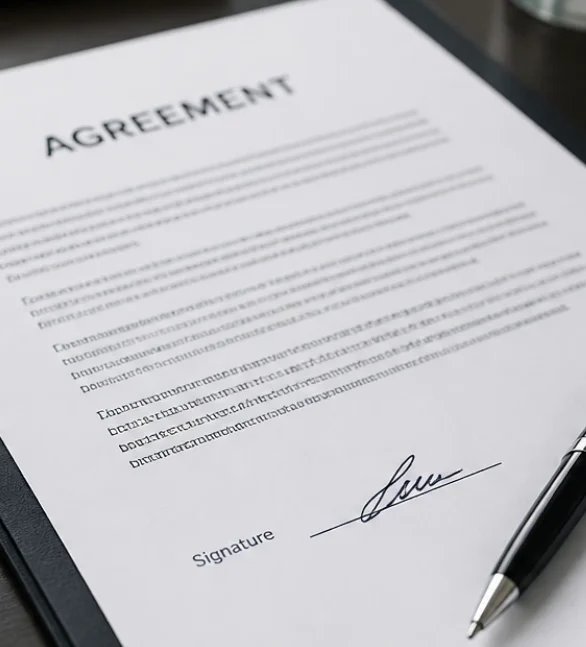 Close-up of a printed agreement document with a signature line and pen placed on a desk.