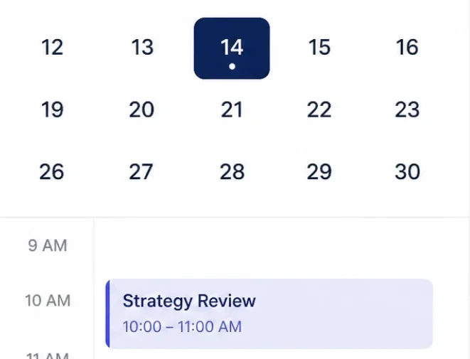 Digital calendar view with a highlighted date and a scheduled meeting block.
