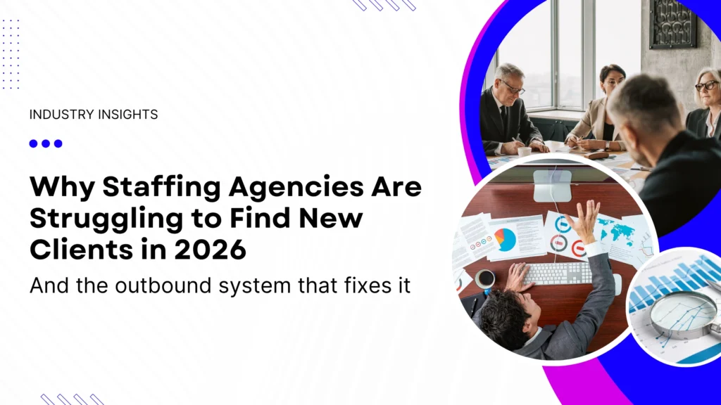Staffing agency business development team in vendor evaluation meeting reviewing outbound client acquisition strategy and pipeline data in 2026