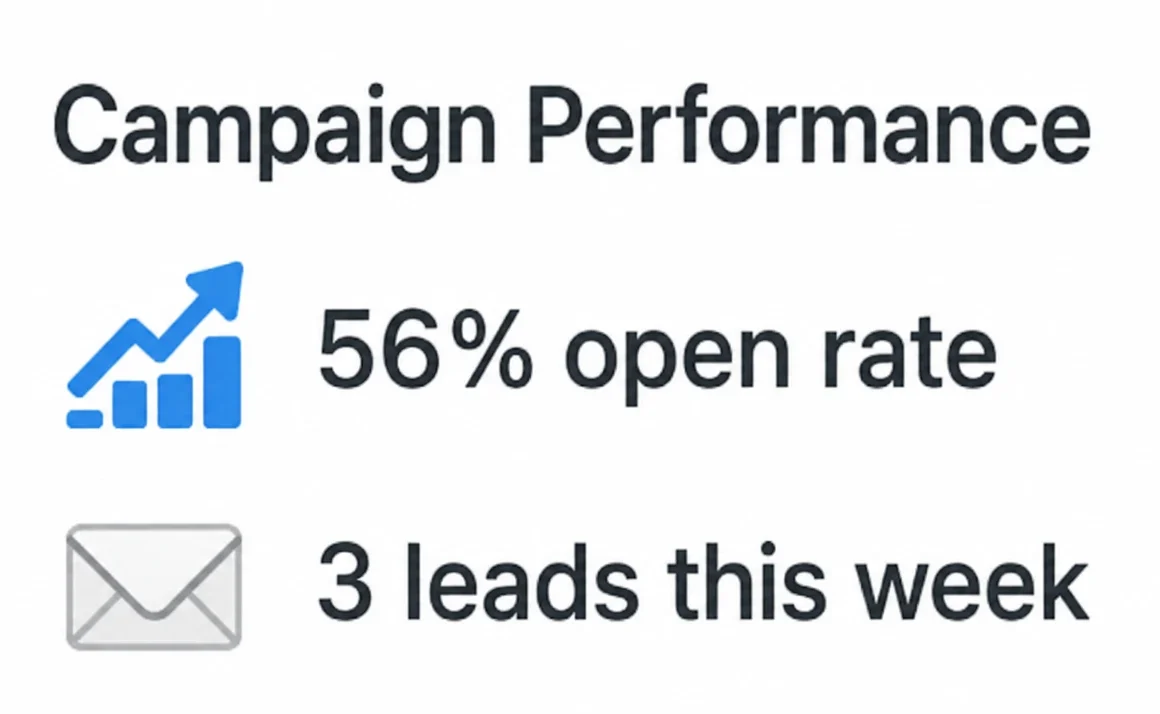 A banner showing campaign performance indicating 56% open rate and 3 leads generated this week.