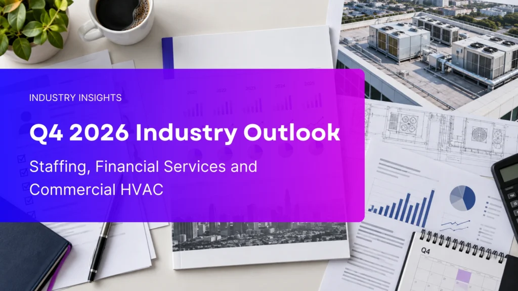 Q4 2026 industry outlook featuring staffing documents, five-year financial charts and commercial rooftop HVAC systems.
